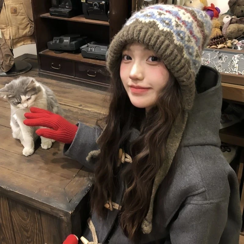 费尔岛风针织毛线帽子女冬季新款复古包包帽保暖护耳堆堆帽潮Q143