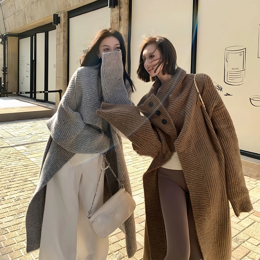 大翻领长款开衫外套女冬季新款慵懒风针织衫宽松加厚毛衣