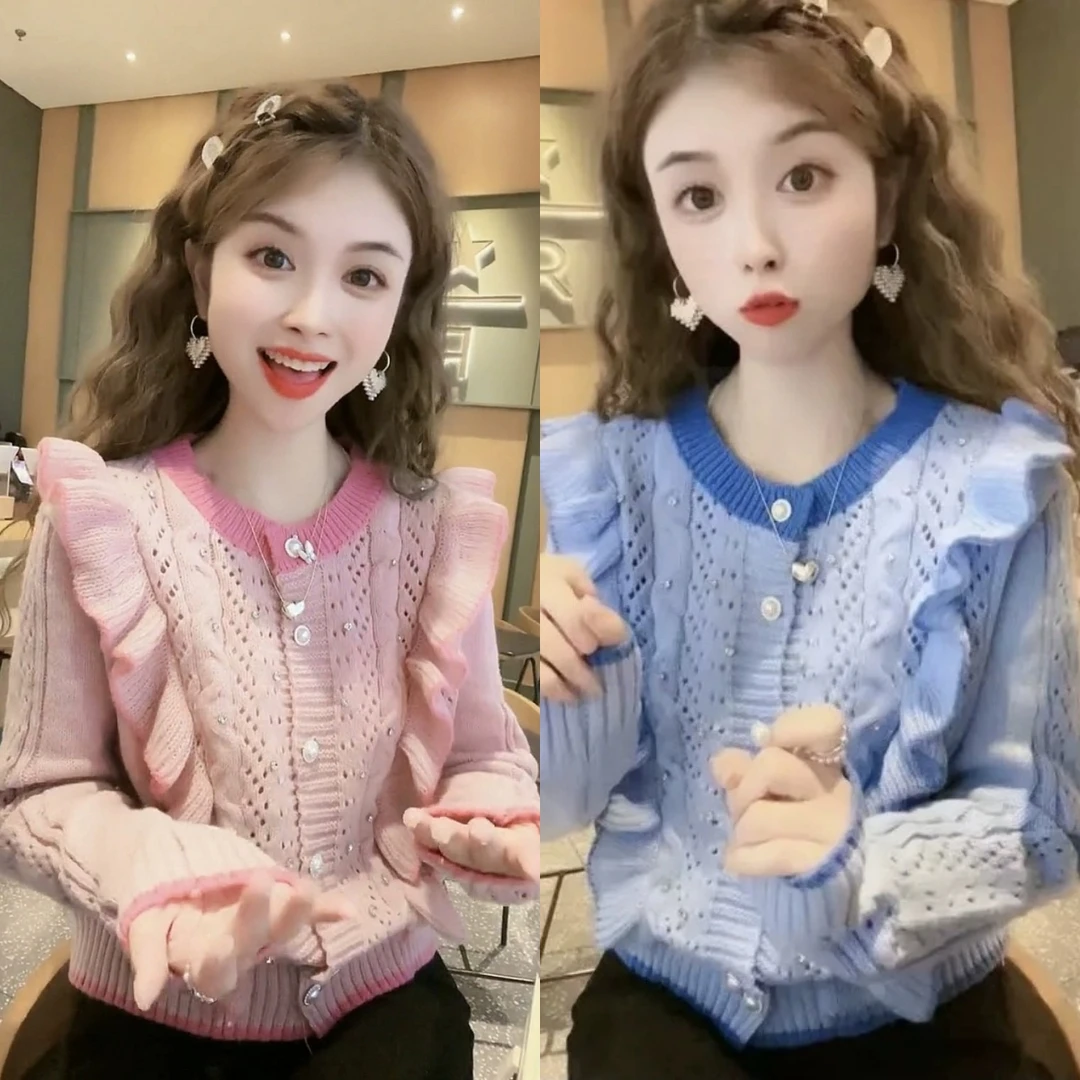 韩系慵懒针织开衫毛衣新款时尚爆款时尚洋气高级感荷叶边上衣秋