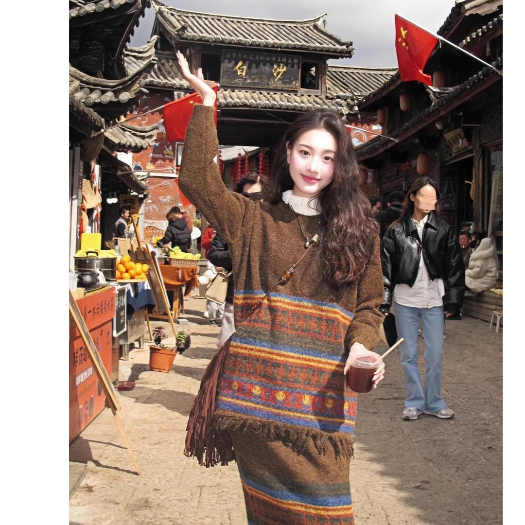 秋冬复古民族风刺绣毛衣针织连衣裙两件套装圆领长款气质时尚套装