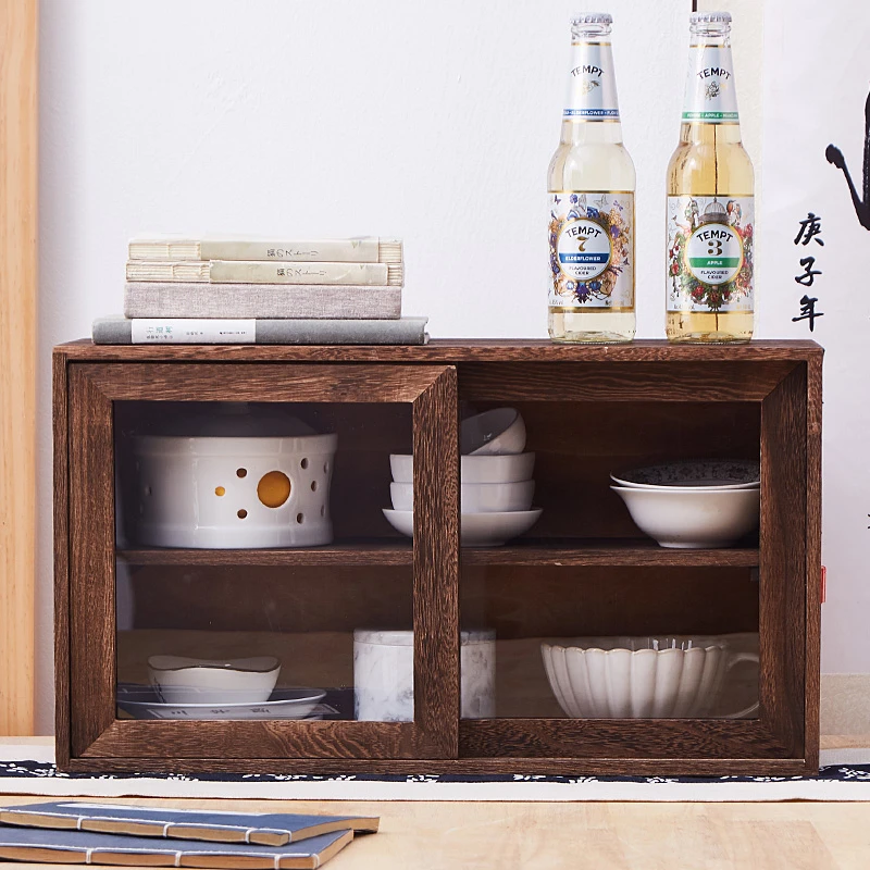 实木茶具收纳盒桌面置物架收纳柜移门茶叶柜防尘玻璃推拉门茶杯柜