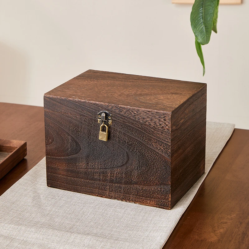 木盒收纳箱实木桌面化妆品收纳盒带锁的茶叶整理盒创意首饰盒防尘