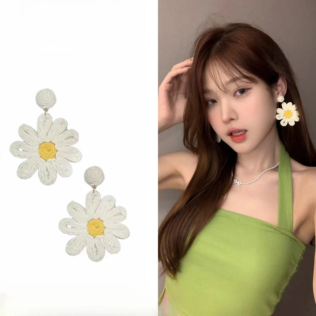 合金布艺耳饰 度假风~太阳花耳环新款潮个性耳钉夸张大花朵耳饰