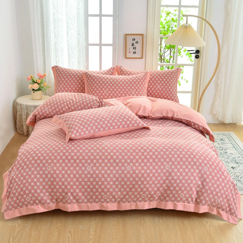 100%双层纱a类母婴四件套可机洗双人被套被罩床单床笠加厚床裙款