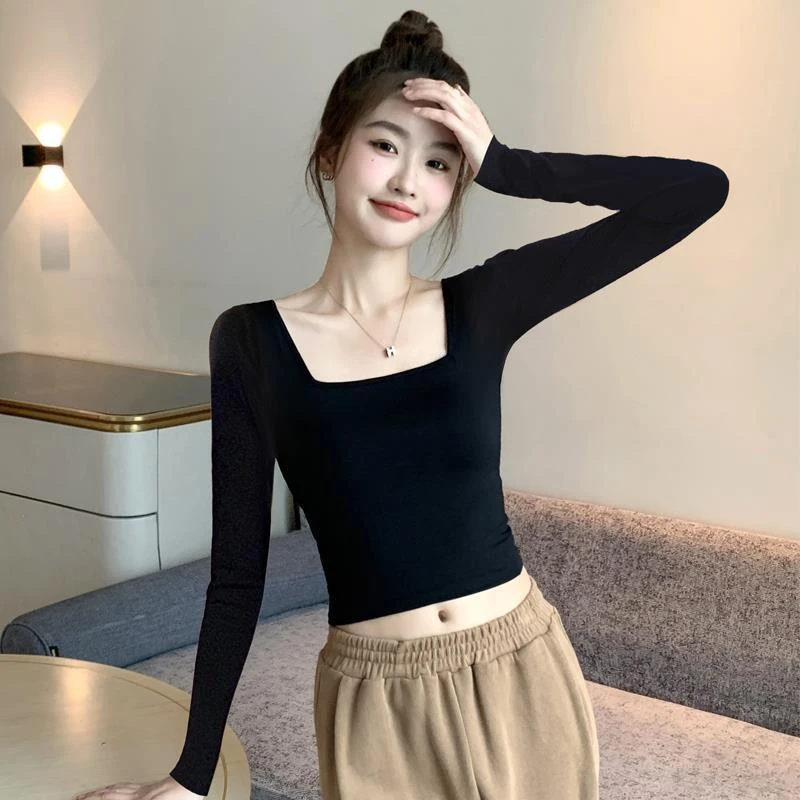 方领短款打底衫2025新款秋冬女内搭长袖恤高腰紧身露脐修身上衣潮