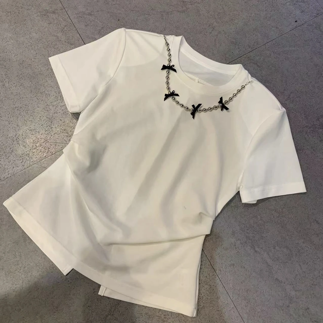 圆领钉珠后背开叉短袖T恤显瘦气质时尚休闲百搭女士夏季