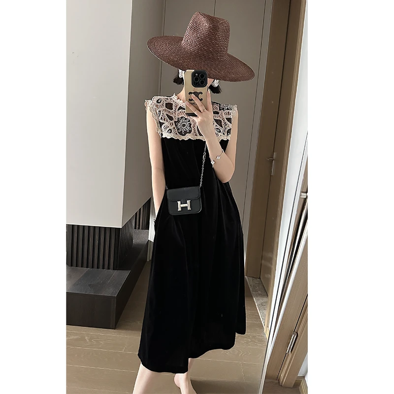 XIAOBAI夏季蕾丝连衣裙气质夏季法式黑色赫本风黑色连衣裙