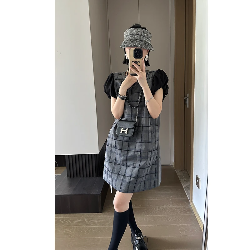 XIAOBAI夏季女装连衣裙显瘦连衣裙气质时尚复古格子连衣裙