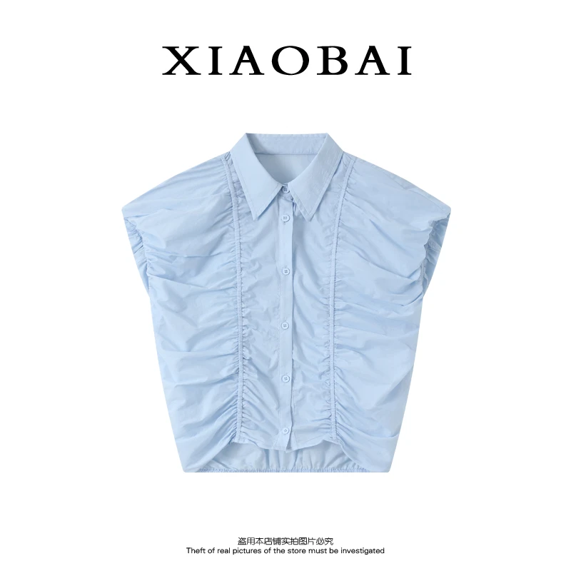 XIAOBAI夏季单排扣抽绳上衣衬衫时尚休闲设计感百搭女士褶皱气质