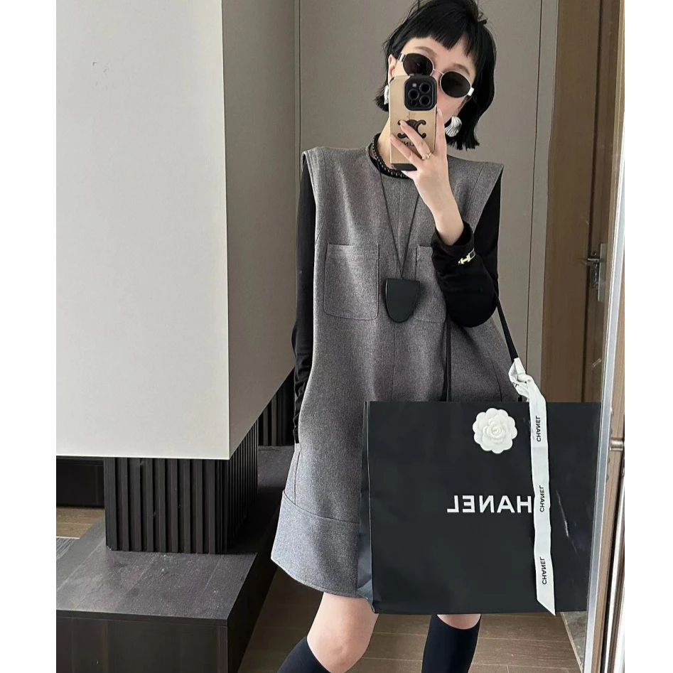 XIAOBAI秋宽松连衣裙连衣裙时尚简约韩版气质灰色秋季连衣裙