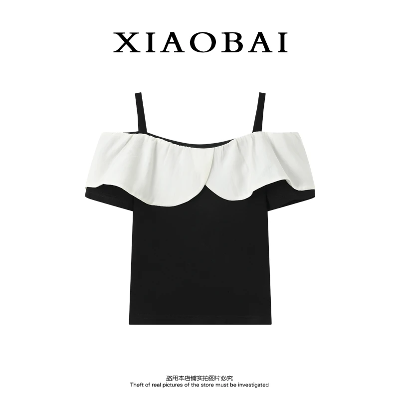 XIAOBAI黑白两色荷叶边吊带短裤短袖上衣夏季露肩拼接舒适气质