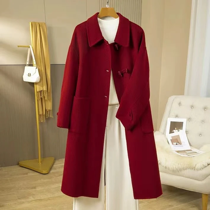 【笛奴】冬季长毛加厚长款双面羊毛大衣牛角扣时尚气质羊毛外套