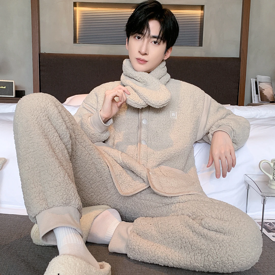 棒球领围巾款泡泡绒睡衣加厚可外穿男可外穿保暖家居服套装法兰绒