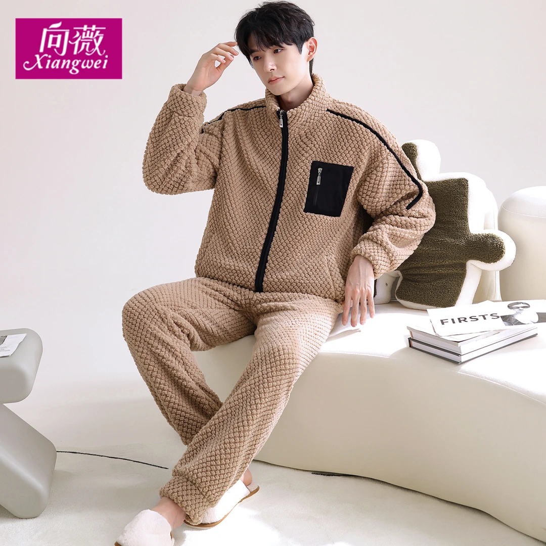 可外穿法兰绒加绒加厚家居服套装男士睡衣新款秋冬季青少年