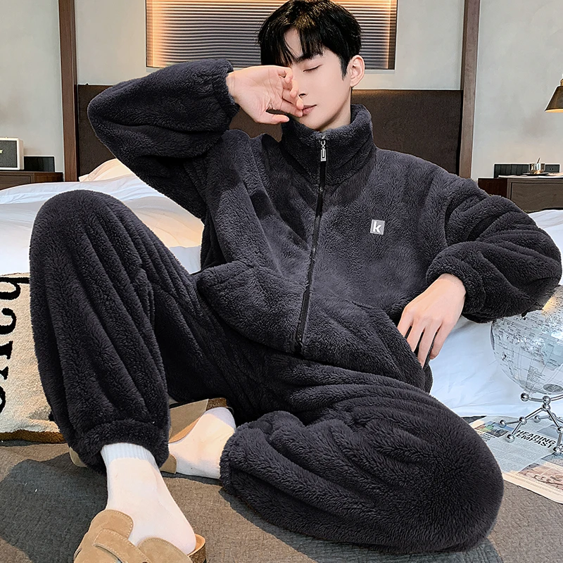 暖绒保暖家居服男大码宽松加绒加厚睡衣套装可外穿秋冬新款雪花绒