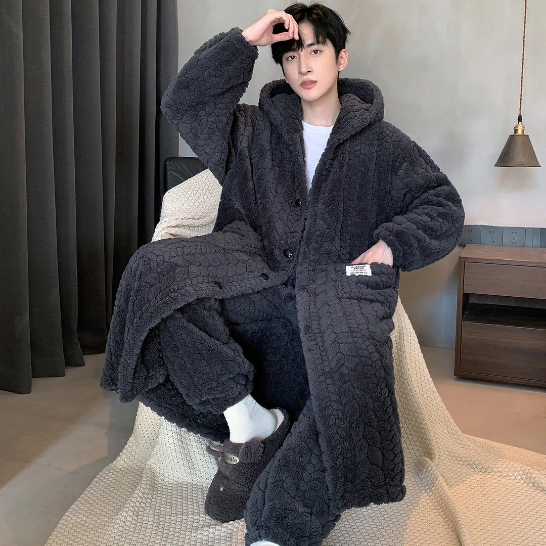 冬天连帽珊瑚绒家居服长毛睡衣暖绒保暖长款男士可外穿法兰绒睡袍