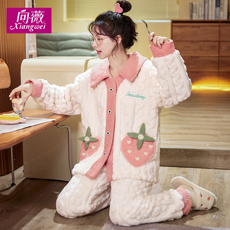 珊瑚绒睡衣秋冬天女款可外穿宽松法兰绒大码家居服加绒