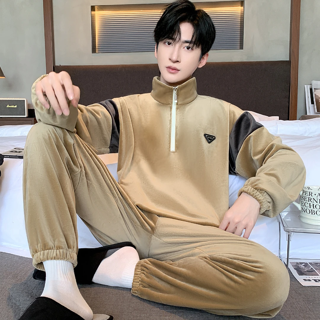 秋冬季薄绒家居服休男士家居服法兰绒睡衣海岛绒保暖可外穿套装