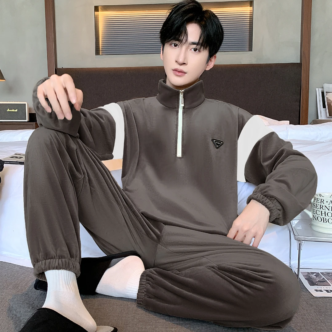 海岛绒男士可外穿宽松珊瑚绒大码家居服春秋套装法兰绒保暖睡衣