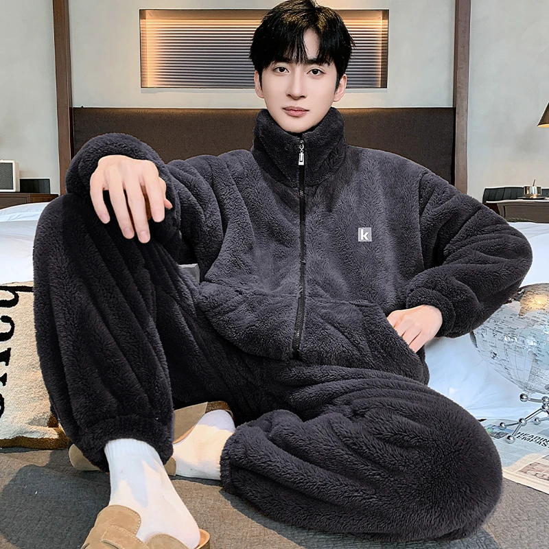新款雪花绒男大码宽松加绒加厚暖绒保暖家居服睡衣套装可外穿秋冬