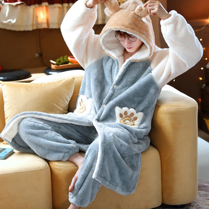 秋冬款绒套装加厚加绒法兰绒韩版男士卡通睡袍大码家居服睡衣