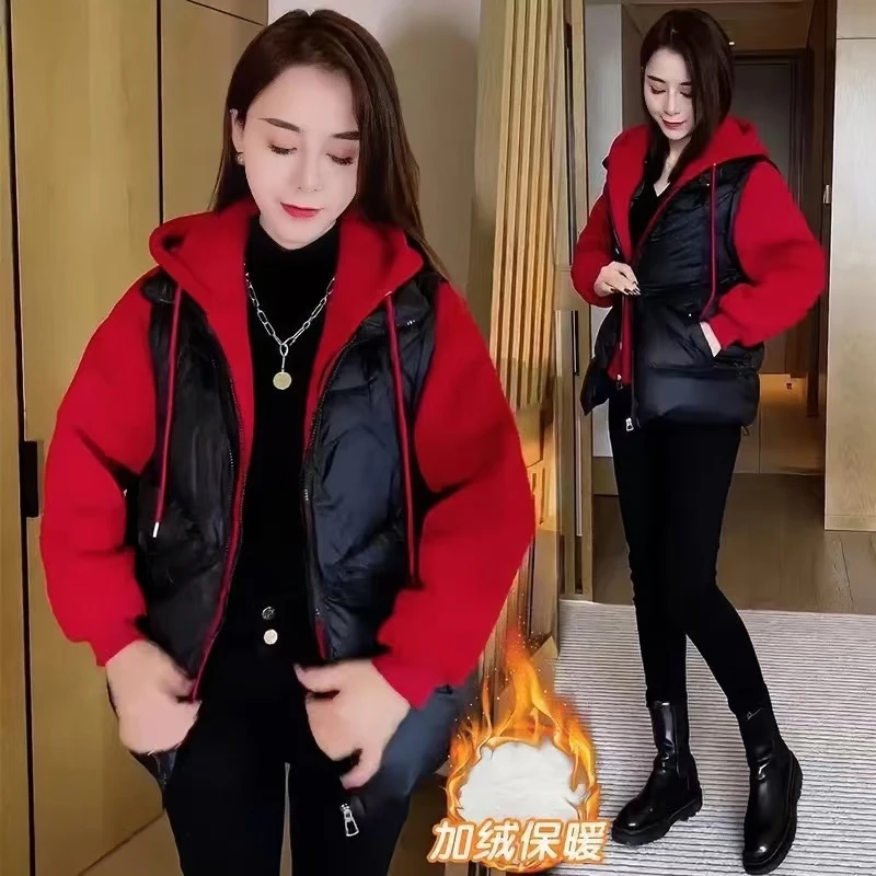 拼接休闲棉服女冬季2024爆款宽松长袖假两件棉衣连帽短款保暖外套