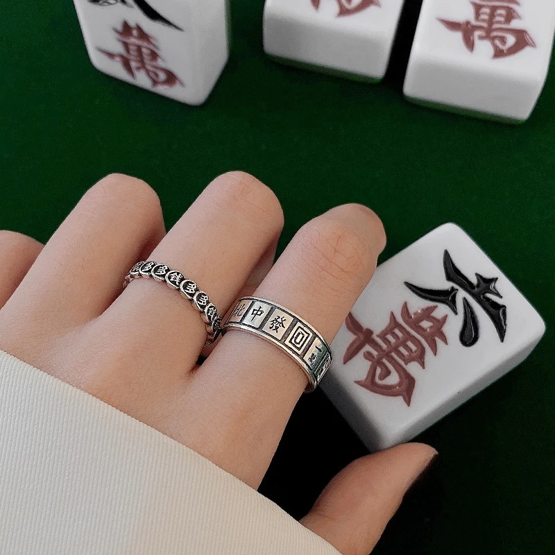 麻将戒指女复古做旧ins小众设计高级感潮网红时尚饰品情侣指环