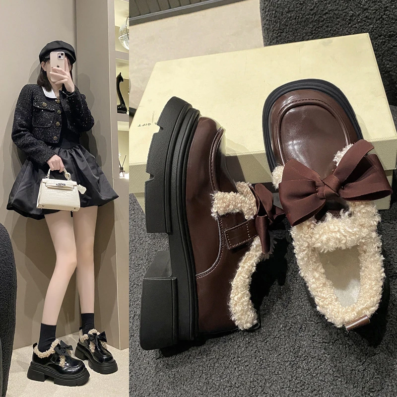 英伦风厚底小皮鞋女2023年秋冬季新款蝴蝶结加绒保暖棉鞋日系jk鞋