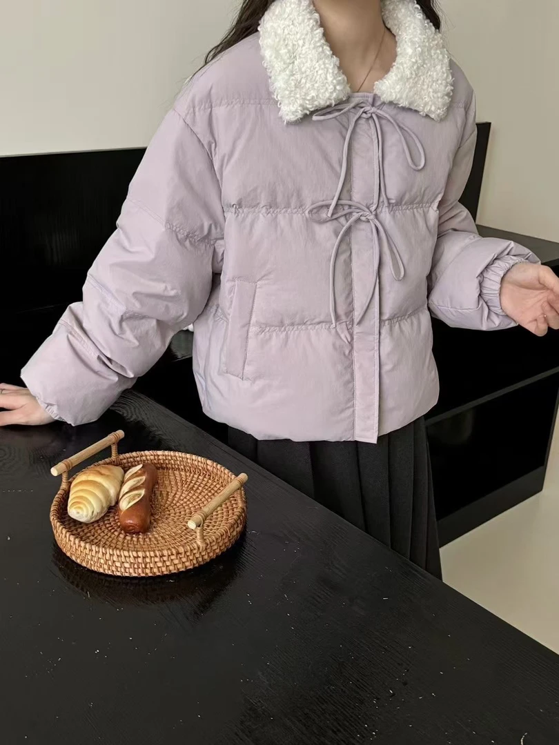 韩版翻领面包服女2024冬季新款小个子短款轻薄保暖