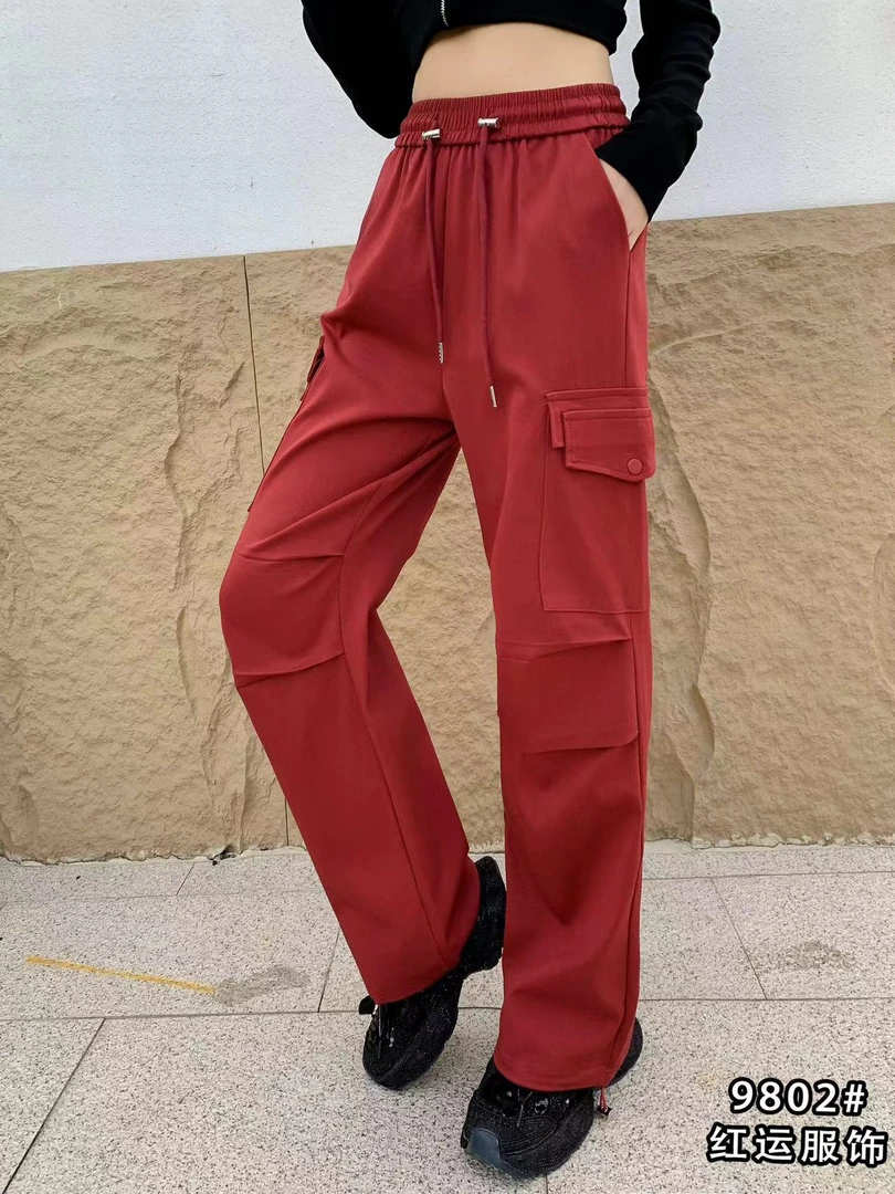 阔腿时尚女款秋冬休闲裤弹力多口袋红色工装裤百搭长裤宽松直筒