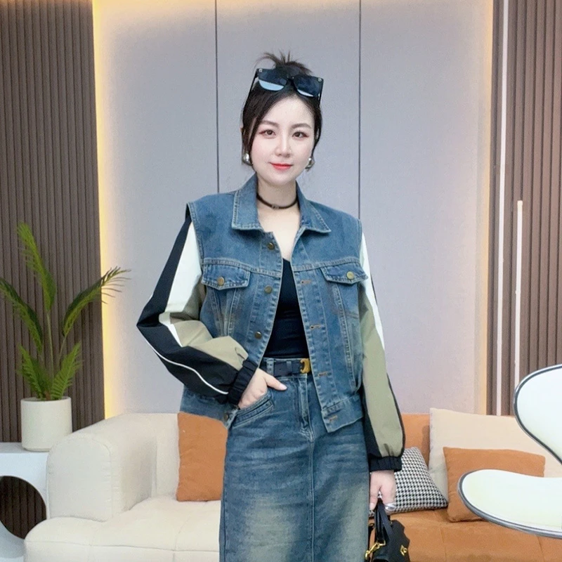 欧货秋季洋气时尚百搭牛仔拼接潮流外套