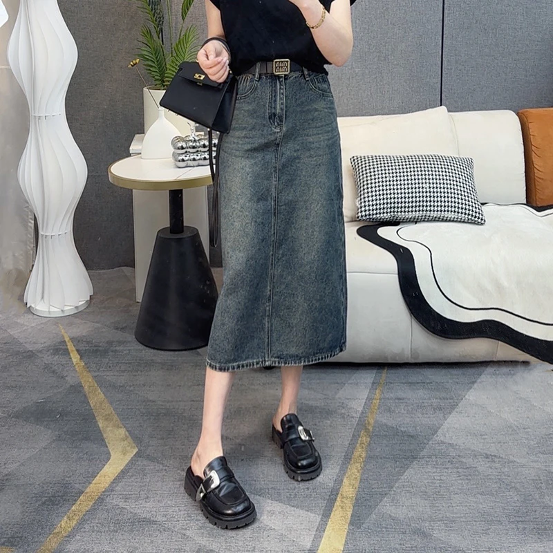 时尚气质A字牛仔包臀裙显瘦后开叉牛仔中长款裙