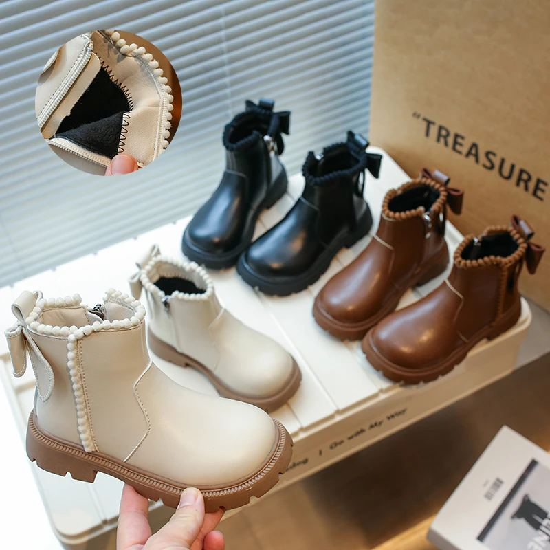 【洋洋童鞋】女童皮靴冬季加绒短靴蝴蝶结童鞋