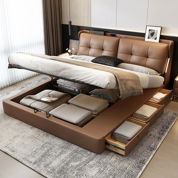 【带USB充电+氛围灯带】极简功能齐边储物床真皮软包床高档主卧大床