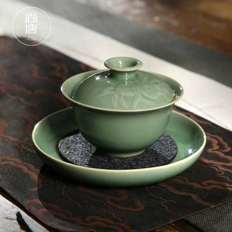 尚唐青瓷寿桃盖碗手工盖碗泡茶碗单个三才茶碗陶瓷盖杯复古盖杯