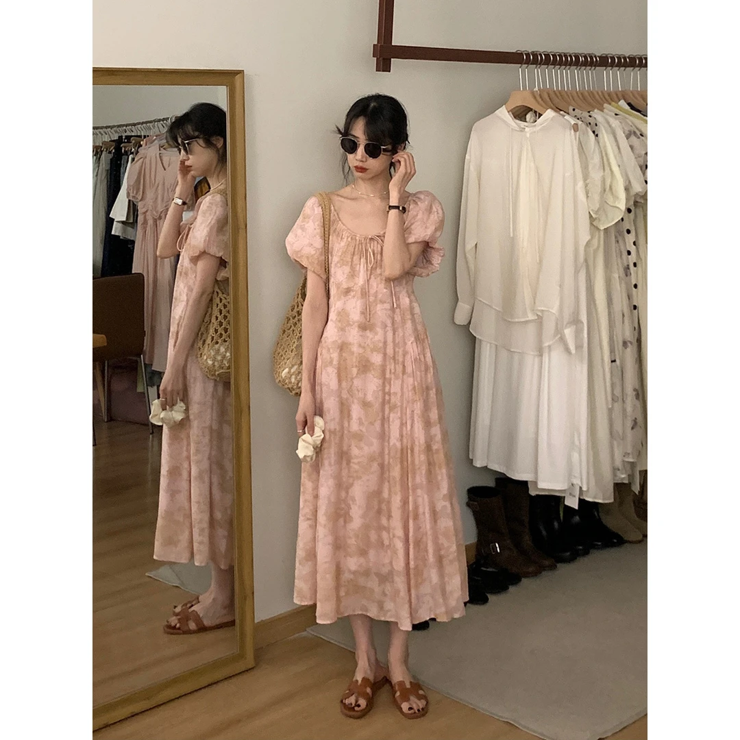 【两色一字肩连衣裙】法式泡泡袖收腰碎花裙女2025春夏薄款显瘦长裙