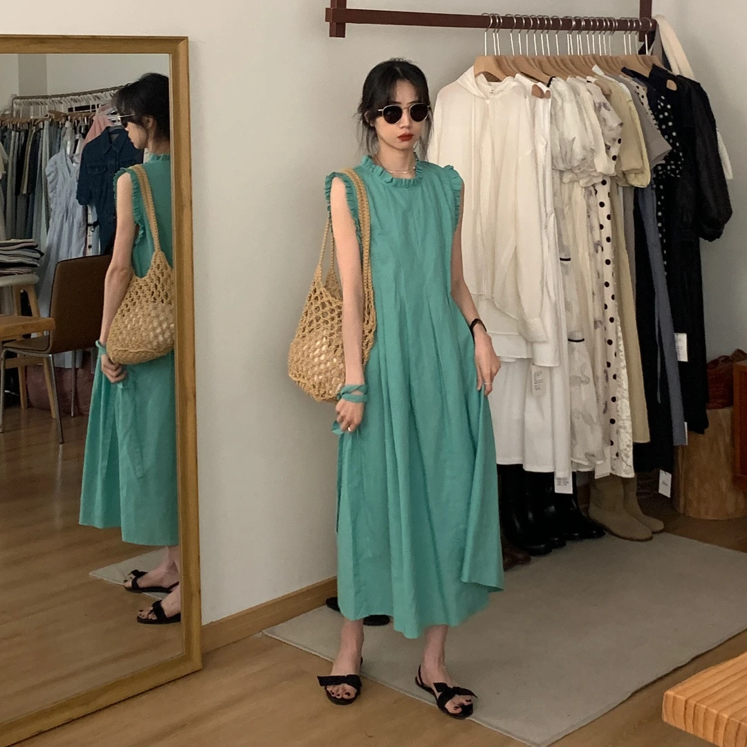 【法式绿色亚麻连衣裙】显白显瘦背心裙女2025春夏新款宽松压褶长裙