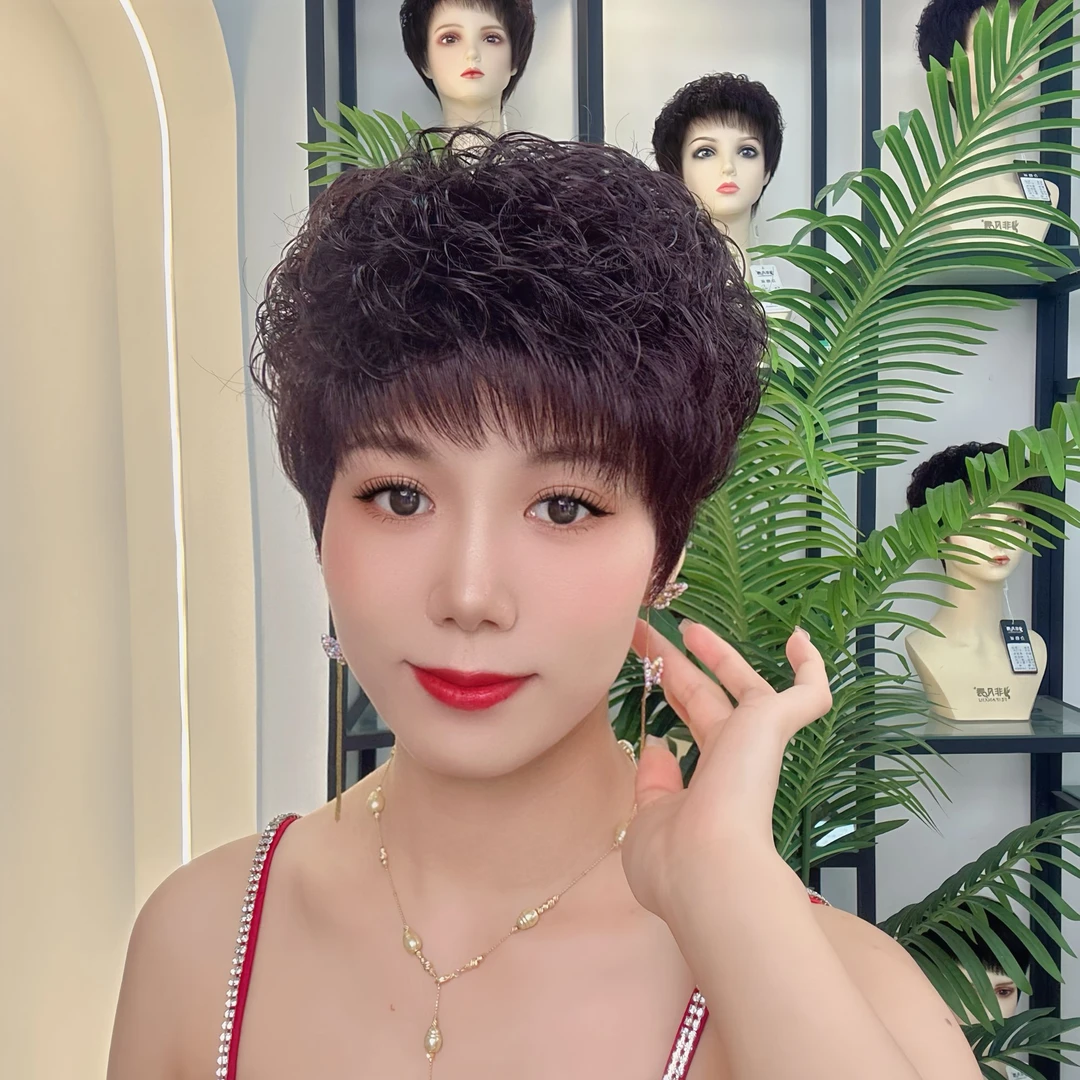 中老年假发女短发真人发丝全头套真发整定假发时尚妈妈发遮白发