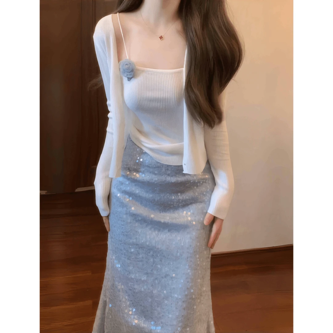 秋季新款千金风气质针织内搭吊带开衫亮片鱼尾半身裙女时尚套装裙