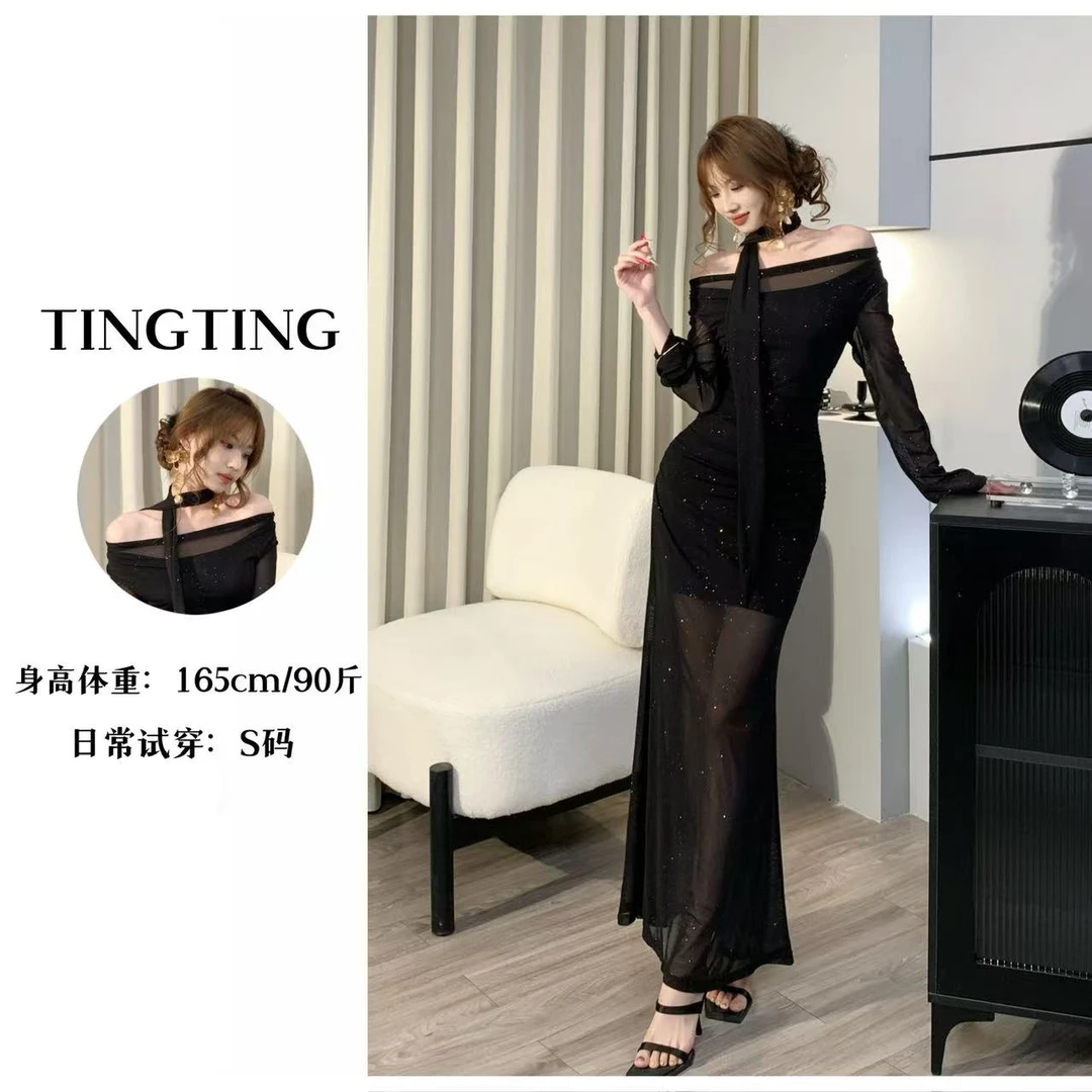 婷婷推荐【翻新】温柔气质修身包臀长款网纱连衣裙SXTYY406506