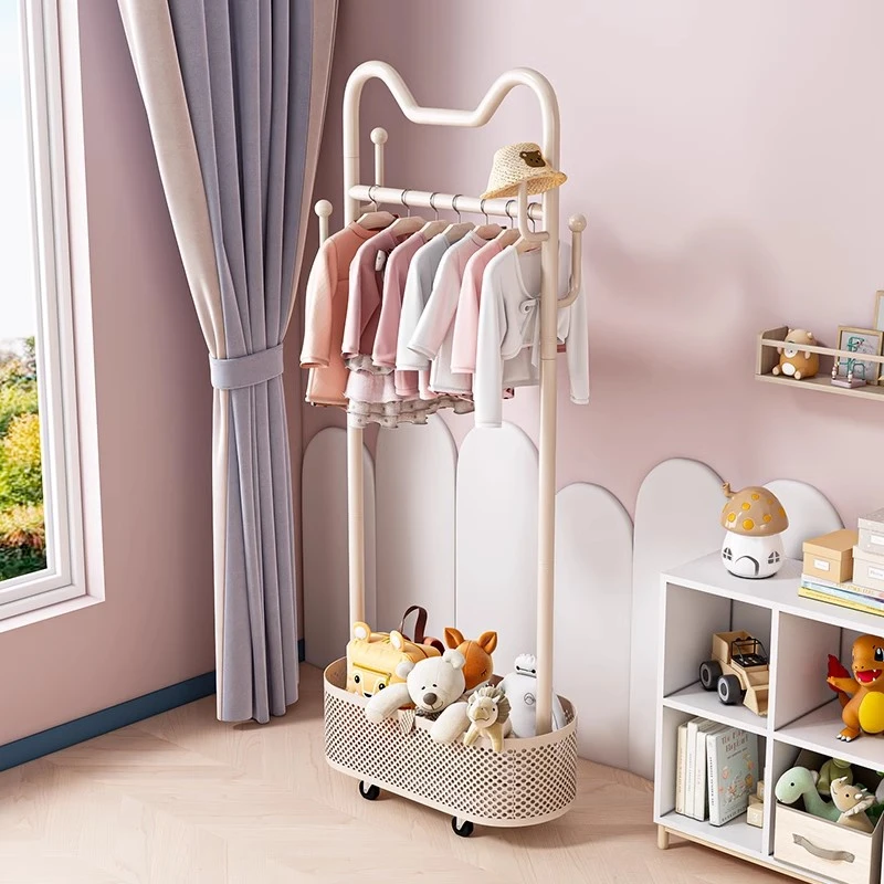 预用落地带轮可移动猫耳衣帽架房间组装奶油风带收纳篮置物挂衣架