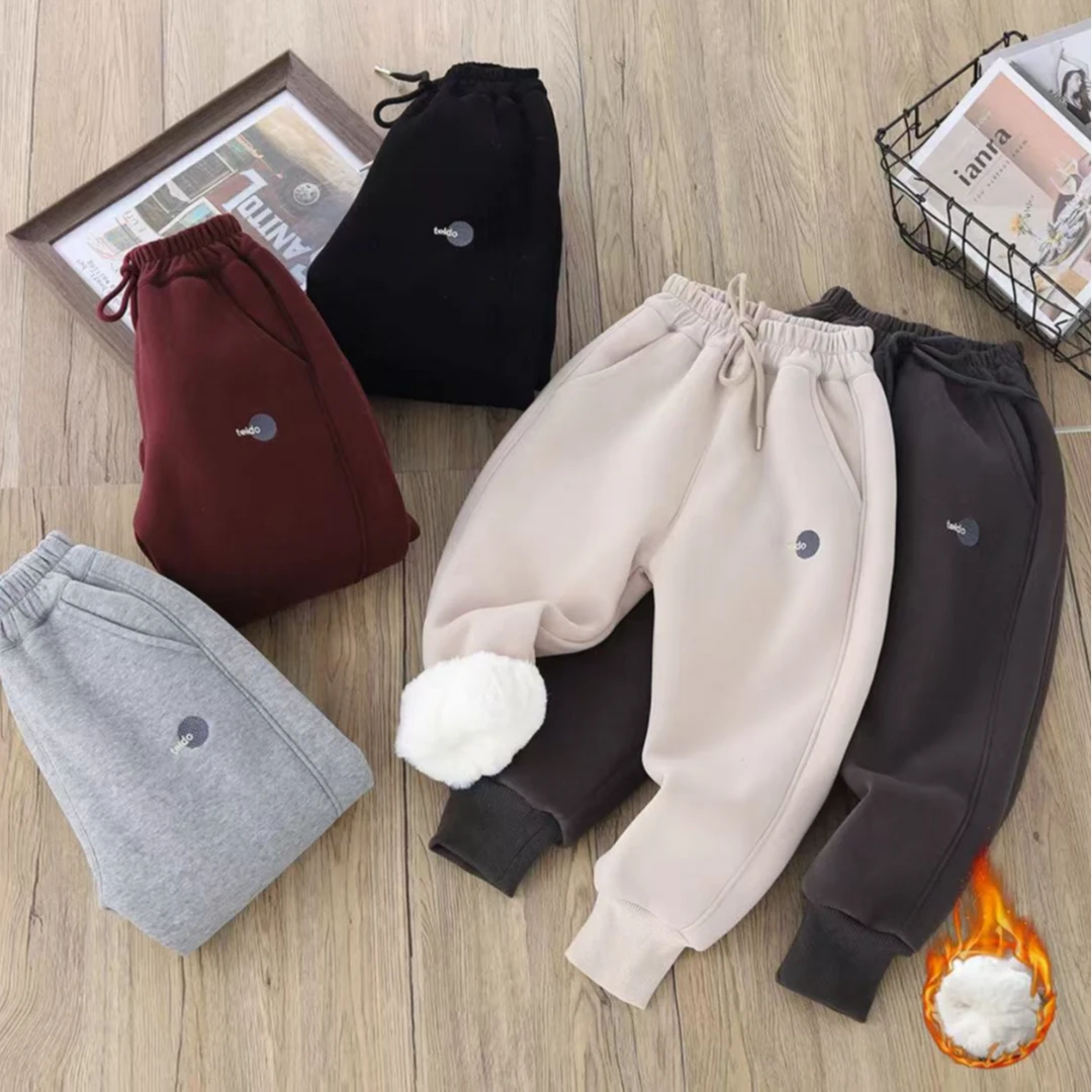 童装卫裤2024新款冬季加绒加厚仿兔毛保暖休闲刺绣卫裤中大童百搭
