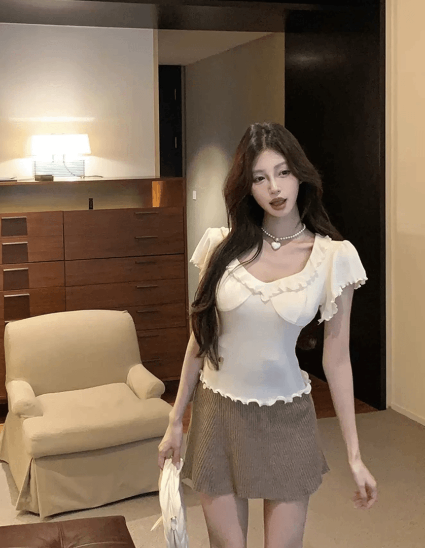 纯欲辣妹大V领一字肩短袖花边T恤女夏季性感修身紧身体恤短款上衣