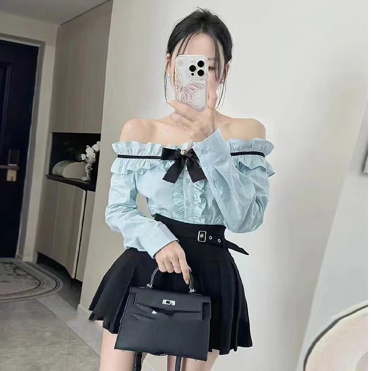 一字肩荷叶边衬衫女夏季别致设计感露肩长袖上衣