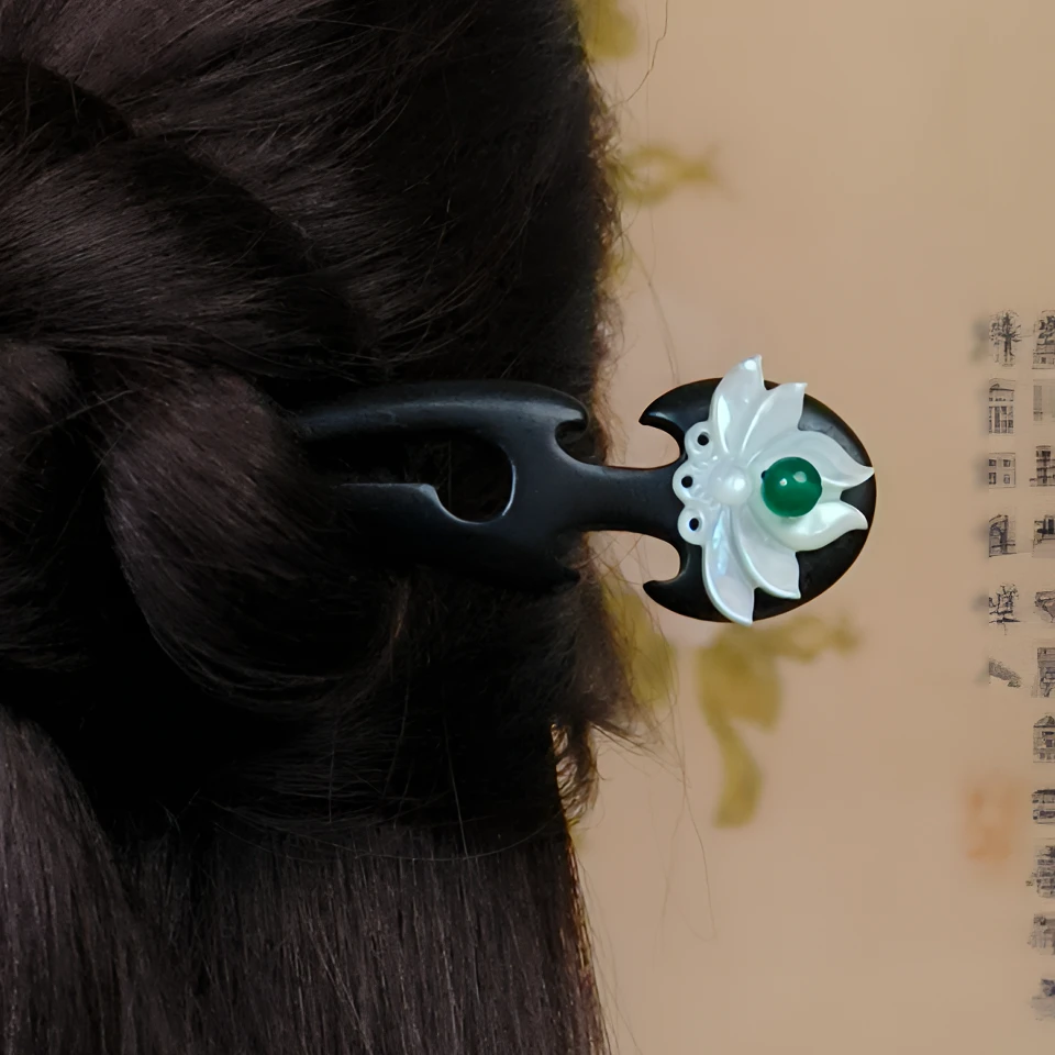 蝶贝莲花手工黑檀木盘发簪子清冷简约发饰头饰旗袍日常百搭新中式