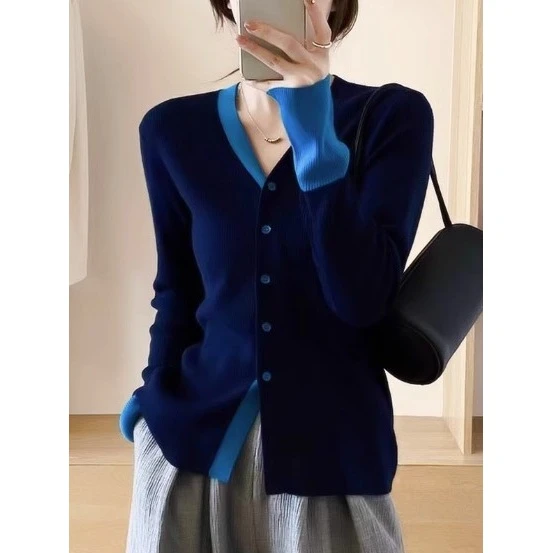 设计感通勤秋季撞色毛针织衫洋气时尚秋冬显瘦长袖针织衫百搭宽松