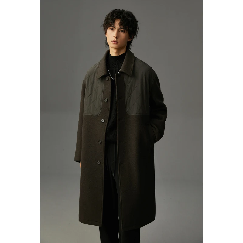 2023冬季拼接复古羊毛呢大衣男中长款高级感非羊绒妮子风衣外套潮