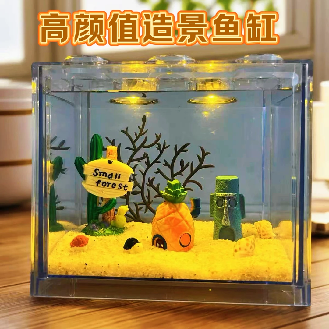 高透亚克力海星缸迷你小型家用桌面装饰客厅创意全套造景积木鱼缸