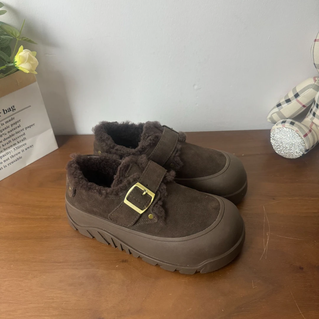 【薇洛可】新款百搭欧货大头勃肯复古保暖加厚秋冬圆头丑萌真皮女鞋