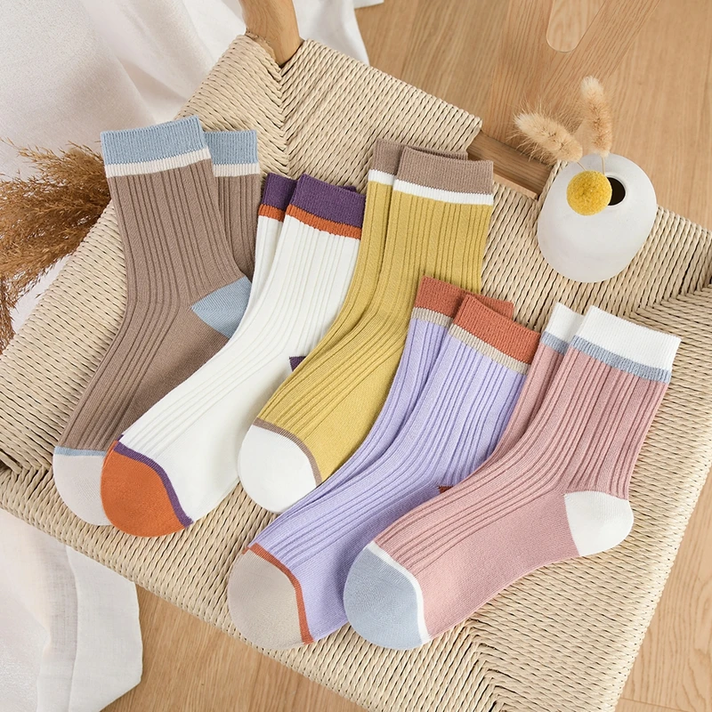 双针袜子男女士中筒袜秋冬新款糖果色学院风中高腰拼色百搭袜子潮